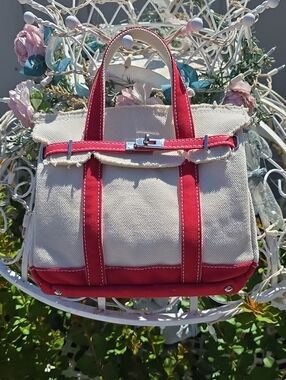 Small Birdkin Cream Tote Bag with Red Trim